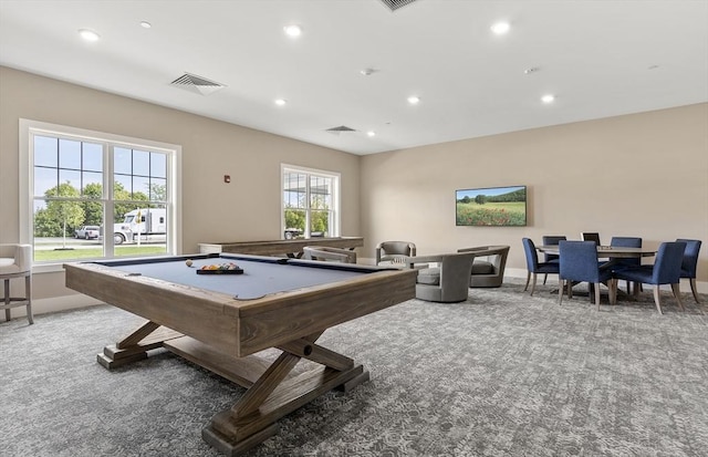 game room with visible vents, carpet, recessed lighting, and pool table