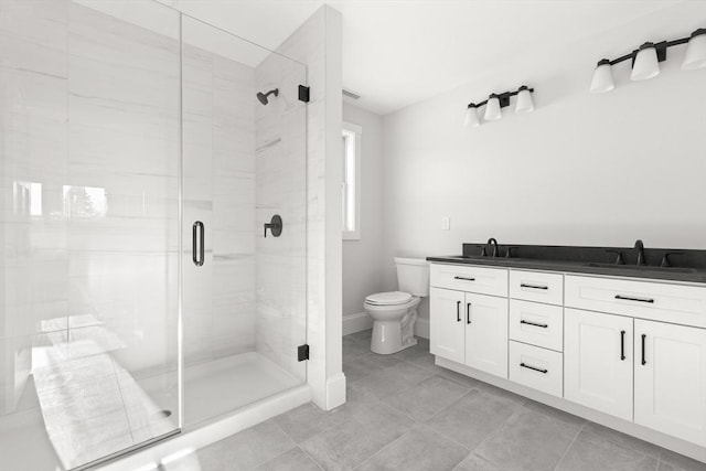 bathroom with vanity, an enclosed shower, tile patterned floors, and toilet