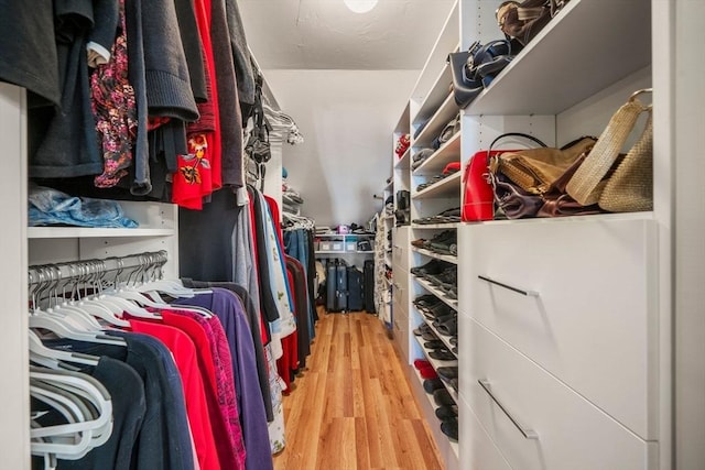 walk in closet with wood finished floors