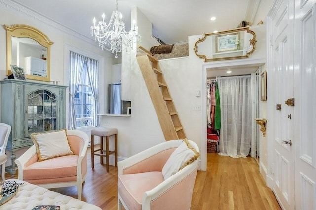 376 Marlborough St Unit 4, Boston, MA 02116 - bedroom featuring crown molding, a chandelier, wood finished floors, and recessed lighting