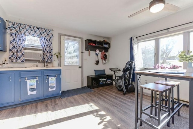 interior space featuring ceiling fan, sink, and light wood-type flooring