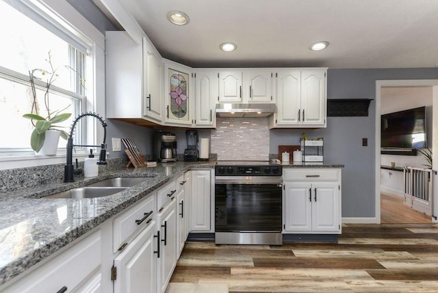 kitchen featuring sink, range with electric stovetop, light stone countertops, tasteful backsplash, and white cabinetry