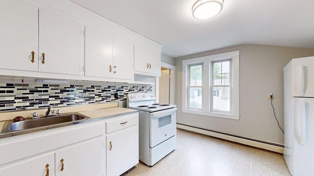 142 Dale St, Waltham, MA 02451 - kitchen with white appliances, baseboard heating, lofted ceiling, backsplash, and a sink