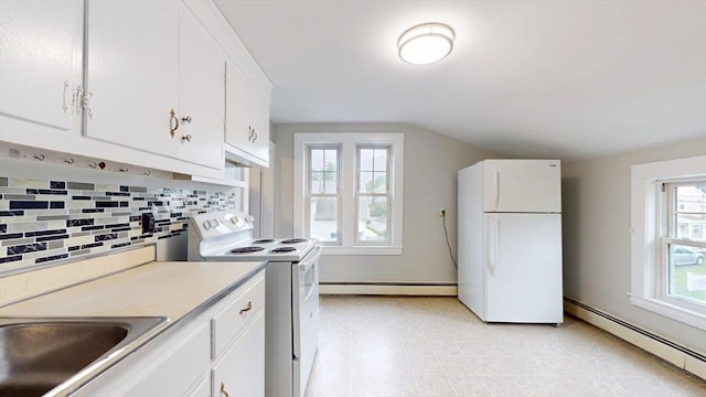 142 Dale St, Waltham, MA 02451 - kitchen featuring white appliances, baseboard heating, tasteful backsplash, white cabinets, and lofted ceiling