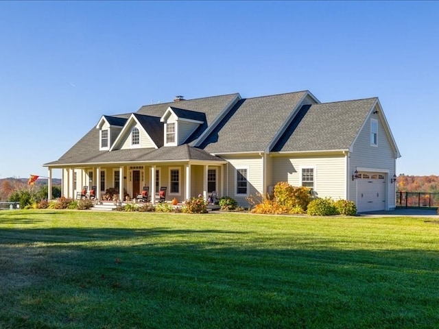 new england style home featuring a porch, a front lawn, and a garage