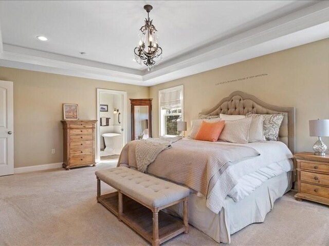 143 Clemence Hill Rd, Southbridge, MA 01550 - bedroom featuring light colored carpet, a raised ceiling, a chandelier, baseboards, and ensuite bathroom