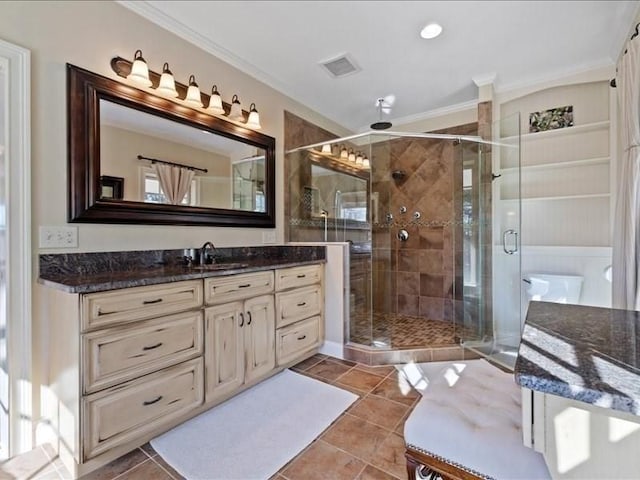 143 Clemence Hill Rd, Southbridge, MA 01550 - full bath featuring vanity, a stall shower, crown molding, and tile patterned floors