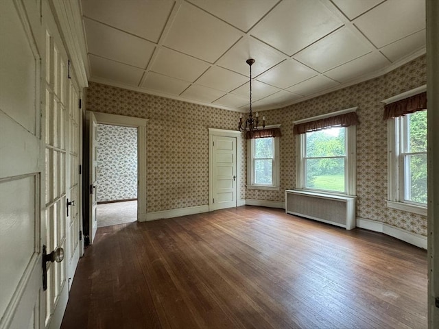 117 Rogers, West Springfield, MA 01089 - unfurnished dining area featuring radiator heating unit, wood-type flooring, wallpapered walls, crown molding, and a chandelier
