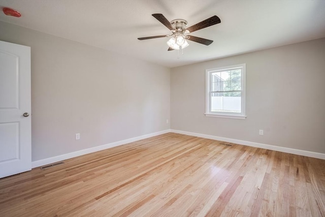 empty room featuring a ceiling fan, light wood-style flooring, visible vents, and baseboards