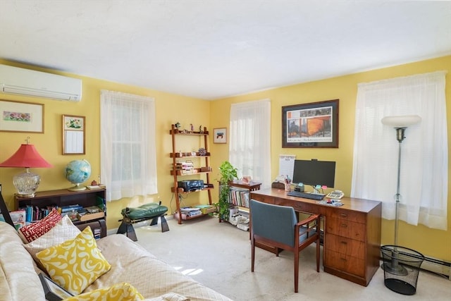 carpeted office space with a wall mounted air conditioner and a baseboard heating unit