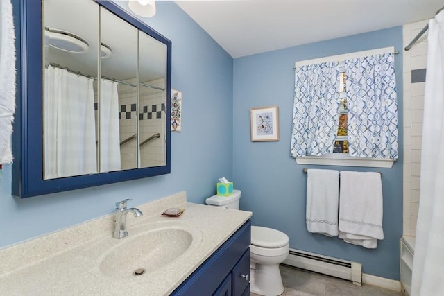 full bathroom with a baseboard heating unit, toilet, vanity, and baseboards