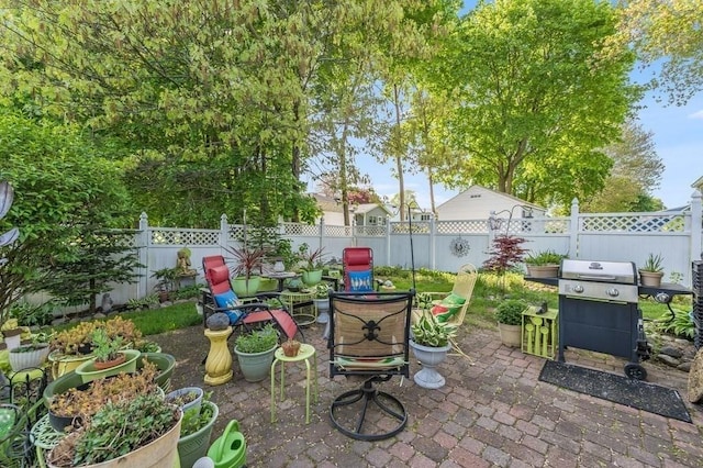 view of patio / terrace with area for grilling and a fenced backyard