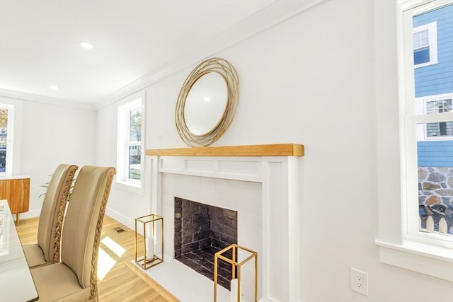 interior space with a fireplace with flush hearth, ornamental molding, a healthy amount of sunlight, and light wood-type flooring