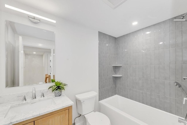 full bath featuring visible vents, vanity, toilet, shower / bathtub combination, and recessed lighting