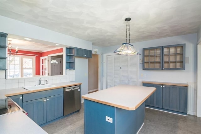 kitchen with open shelves, a sink, dishwasher, a center island, and tasteful backsplash