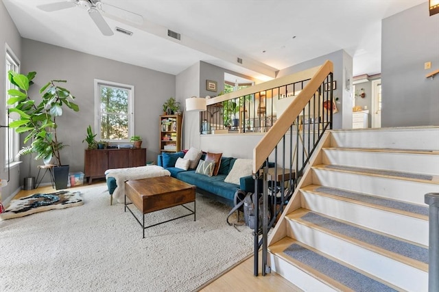 2A Brewer St, Boston, MA 02130 - living room featuring wood finished floors, stairs, and ceiling fan