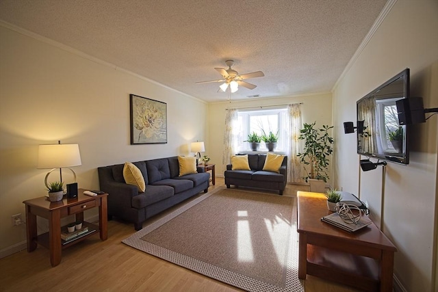 living room featuring hardwood / wood-style floors, crown molding, a textured ceiling, and ceiling fan