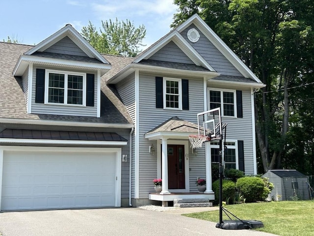 61 School St Unit B, Natick, MA 01760 - view of front of home featuring a shingled roof, a storage shed, driveway, and a front lawn