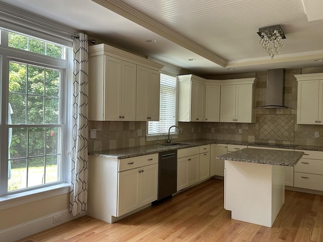 61 School St Unit B, Natick, MA 01760 - kitchen with stainless steel dishwasher, wall chimney range hood, decorative backsplash, light wood-style flooring, and crown molding