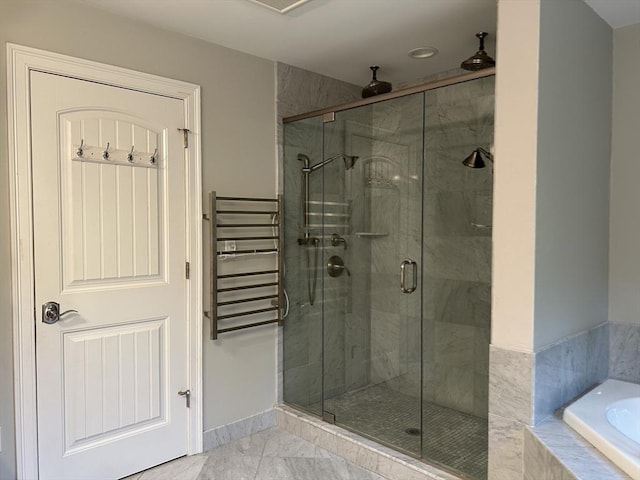 61 School St Unit B, Natick, MA 01760 - bathroom with radiator heating unit, a shower stall, a bath, and marble finish flooring