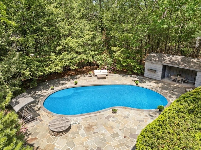 169 Hickory Rd, Weston, MA 02493 - swimming pool featuring a patio, an outdoor living space, and an outdoor structure