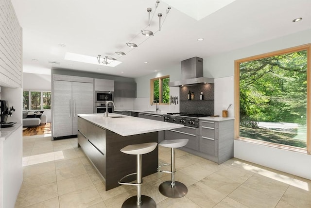 169 Hickory Rd, Weston, MA 02493 - kitchen featuring wall chimney exhaust hood, modern cabinets, a sink, appliances with stainless steel finishes, and gray cabinetry