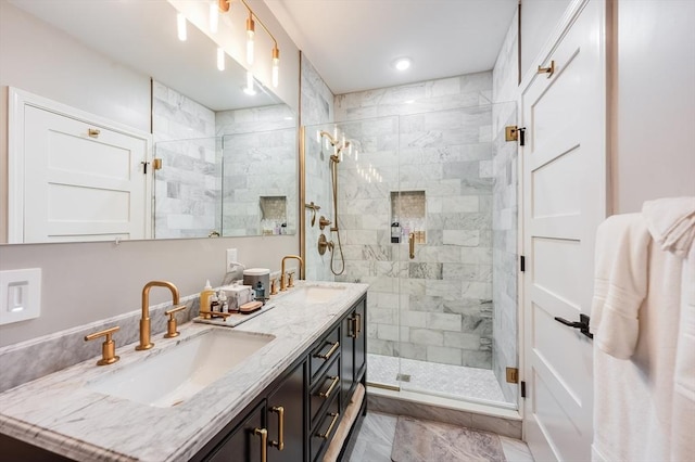 101 Draper St Unit 3, Boston, MA 02122 - full bathroom with double vanity, a stall shower, marble look tile flooring, and recessed lighting