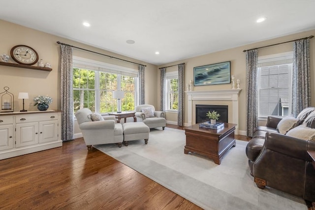 living area featuring recessed lighting, wood finished floors, and a glass covered fireplace