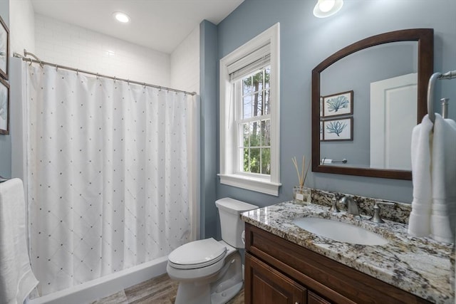 full bathroom with recessed lighting, vanity, toilet, wood finished floors, and a shower with shower curtain