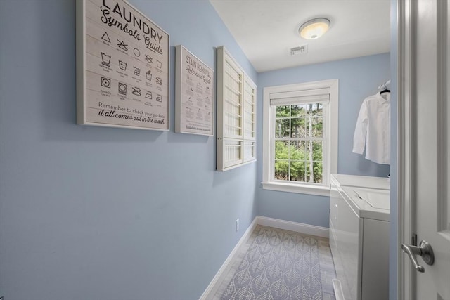 laundry room featuring washer and dryer, visible vents, laundry area, and baseboards