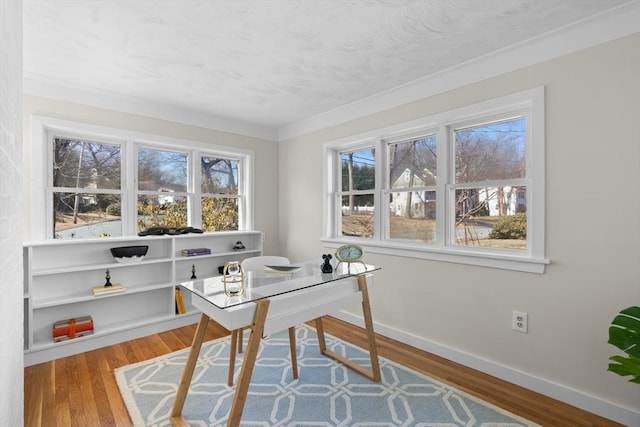 office with wood finished floors, baseboards, and ornamental molding