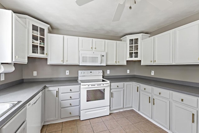 kitchen featuring light tile patterned flooring, white appliances, glass insert cabinets, white cabinetry, and a ceiling fan