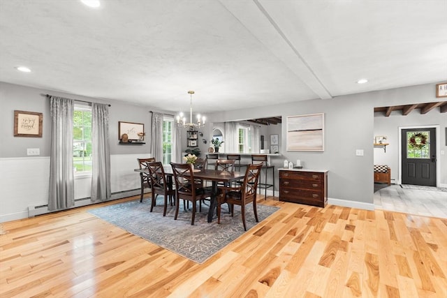 101 Titicut Rd, Raynham, MA 02767 - dining space with wood finished floors, a chandelier, recessed lighting, baseboard heating, and beamed ceiling