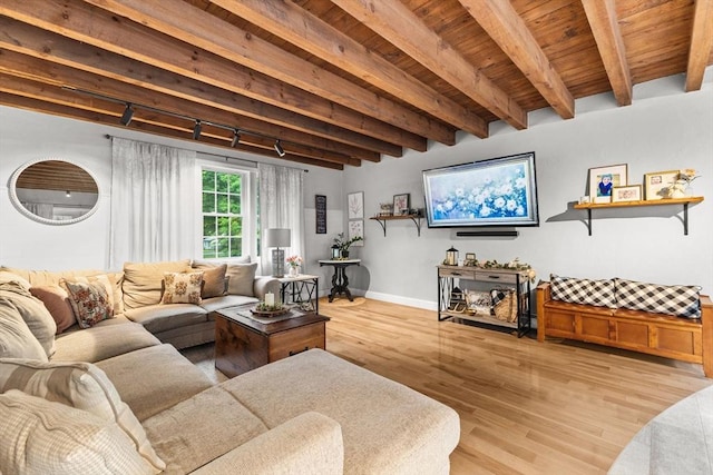 101 Titicut Rd, Raynham, MA 02767 - living area featuring light wood-style floors, wooden ceiling with exposed beams, baseboards, and track lighting