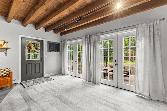 101 Titicut Rd, Raynham, MA 02767 - entrance foyer with french doors, wood ceiling with exposed beams, baseboards, baseboard heating, and rail lighting