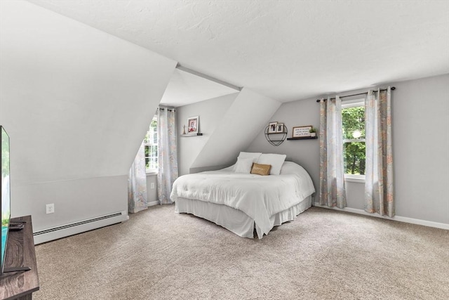 101 Titicut Rd, Raynham, MA 02767 - bedroom with a baseboard radiator, carpet floors, vaulted ceiling, and baseboards