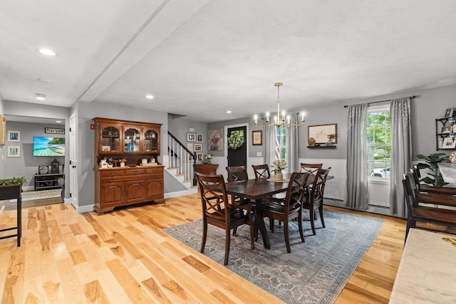 101 Titicut Rd, Raynham, MA 02767 - dining space with stairway, a chandelier, light wood-style floors, recessed lighting, and baseboards