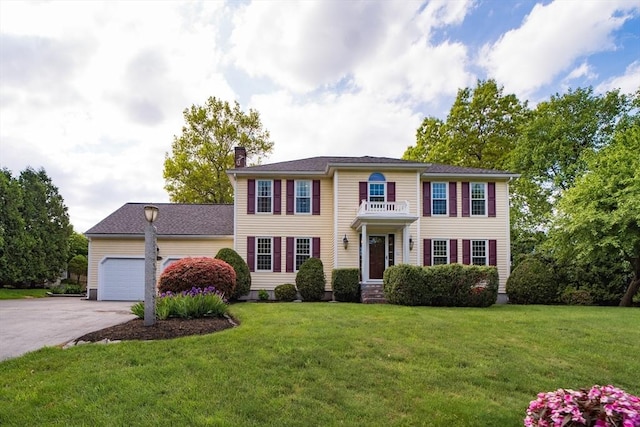 view of front of home with driveway, a chimney, a front yard, and an attached garage