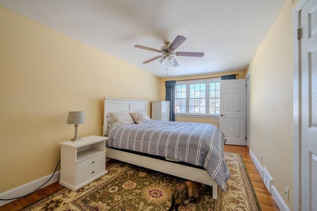 bedroom with ceiling fan and wood-type flooring