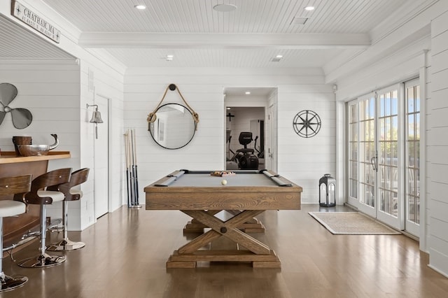 recreation room featuring wood walls, wooden ceiling, billiards, beam ceiling, and wood-type flooring