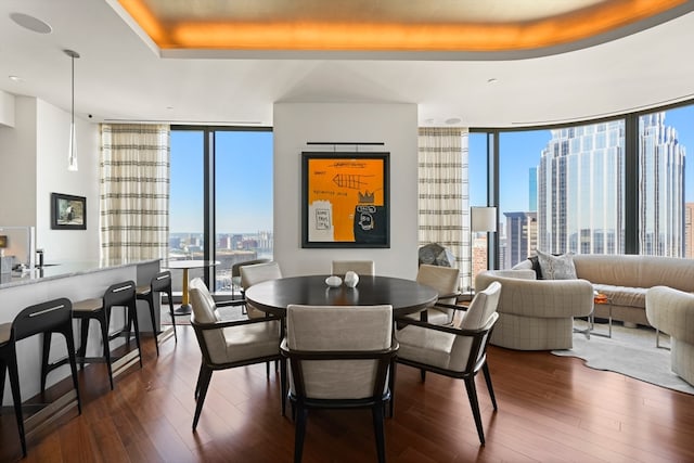 dining room featuring dark hardwood / wood-style floors, a wall of windows, and a tray ceiling