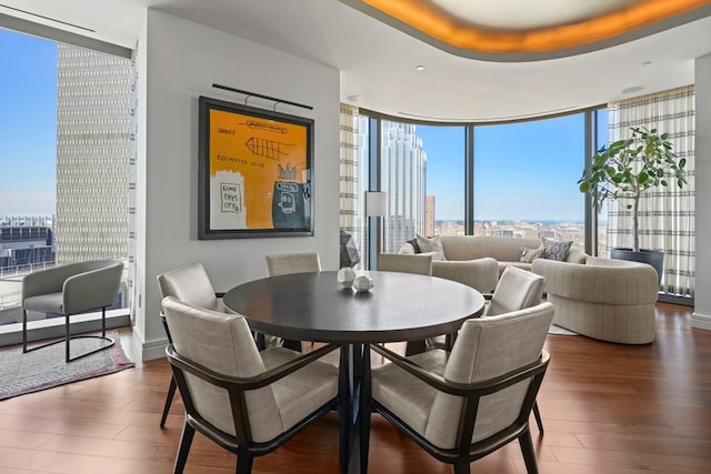 dining area with floor to ceiling windows, a raised ceiling, and dark wood-type flooring