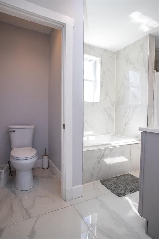 32 Leverett Rd, Shutesbury, MA 01072 - bathroom featuring marble finish floors, toilet, curtained shower, and baseboards