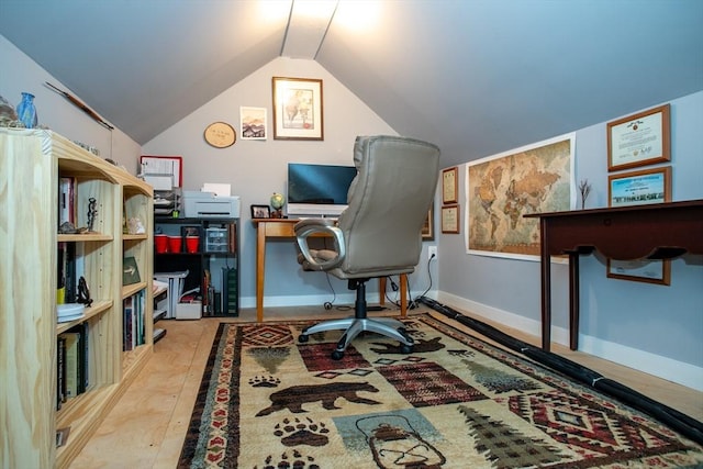 32 Leverett Rd, Shutesbury, MA 01072 - office featuring vaulted ceiling, wood finished floors, and baseboards