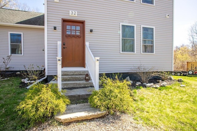 32 Leverett Rd, Shutesbury, MA 01072 - entrance to property featuring a yard and roof with shingles
