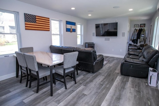 32 Leverett Rd, Shutesbury, MA 01072 - dining space featuring wood finished floors, baseboards, and recessed lighting