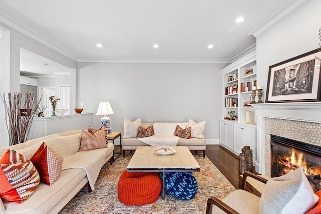 44 Sunset Ridge Ln Unit 44, Bolton, MA 01740 - living area with wood finished floors, a fireplace, recessed lighting, ornamental molding, and baseboards