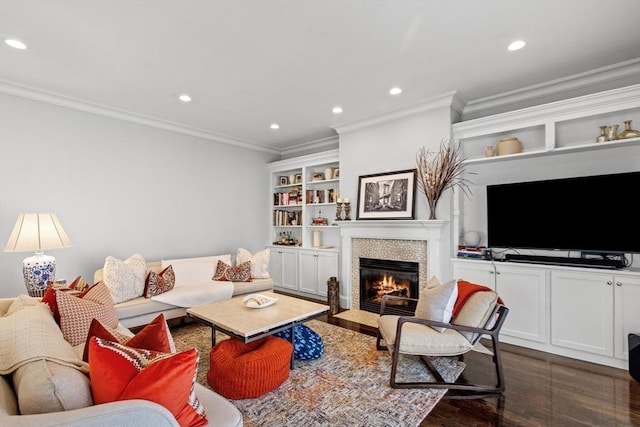 44 Sunset Ridge Ln Unit 44, Bolton, MA 01740 - living area with dark wood-type flooring, recessed lighting, a fireplace, and ornamental molding