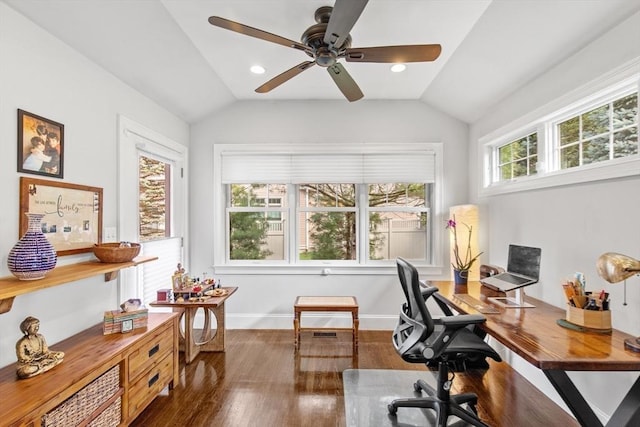 44 Sunset Ridge Ln Unit 44, Bolton, MA 01740 - office area featuring vaulted ceiling, wood finished floors, ceiling fan, and baseboards