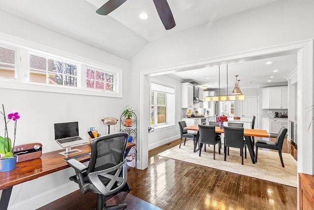 44 Sunset Ridge Ln Unit 44, Bolton, MA 01740 - home office with ceiling fan, dark wood finished floors, baseboards, and vaulted ceiling
